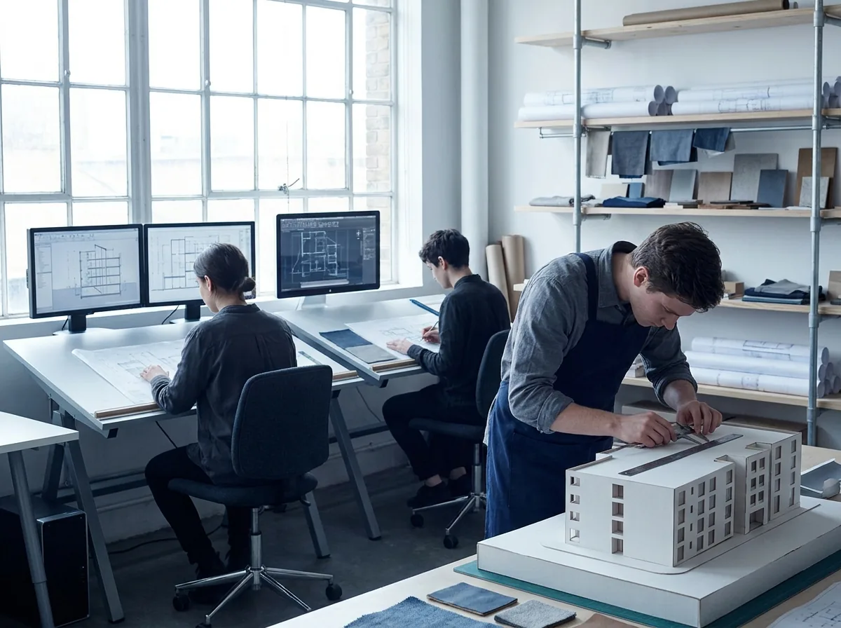 Junge Fachleute arbeiten in einem Architekturstudio an CAD-Plänen und einem Modell