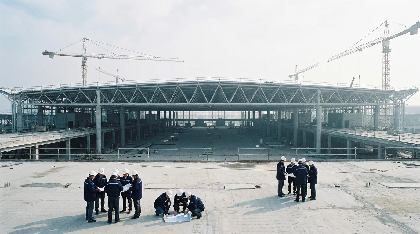 Grossbaustelle eines Terminals mit Stahldachtragwerk und Kraenen